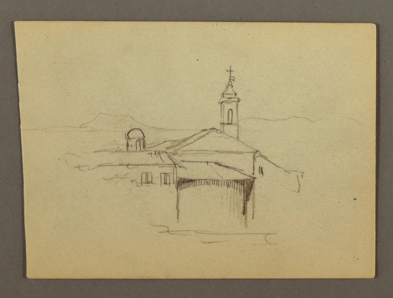 Tekening, kerktoren aangrenzende gebouwen, mogelijk 1868-69 door Frederic Edwin Church