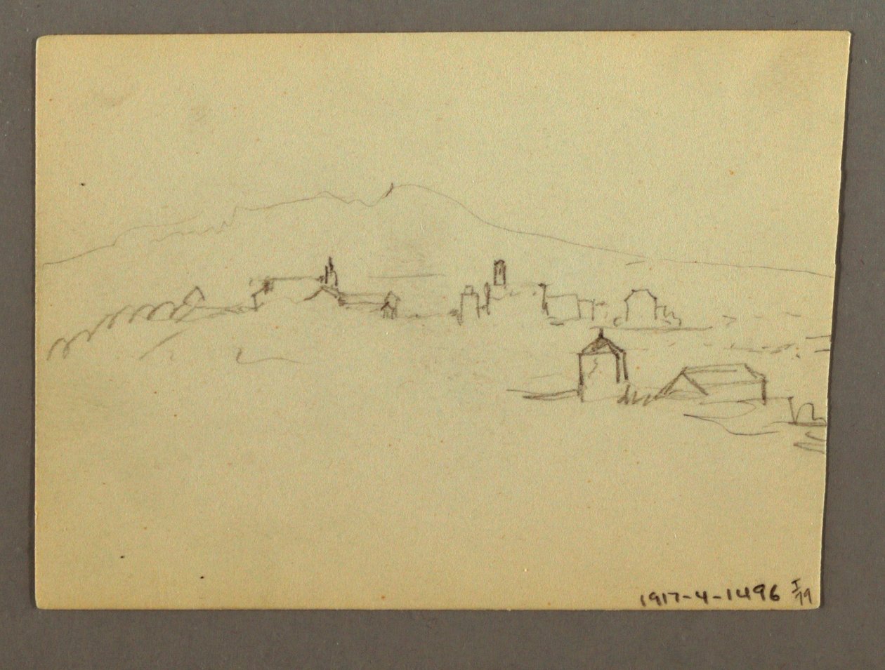 Tekening, kerktoren aangrenzende gebouwen, mogelijk 1868-69 door Frederic Edwin Church