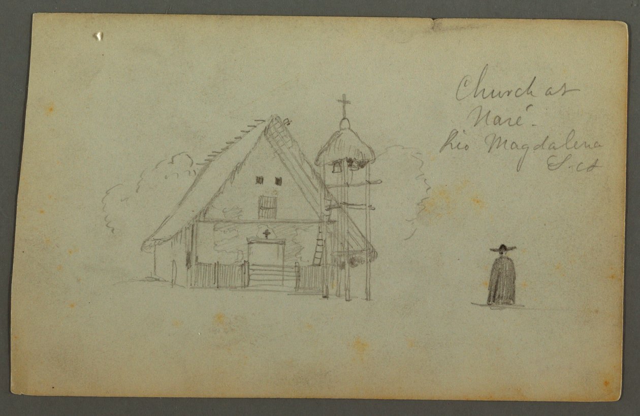 Tekening, Kerk in Naré, Rio Magdalena, Colombia, 1853 door Frederic Edwin Church