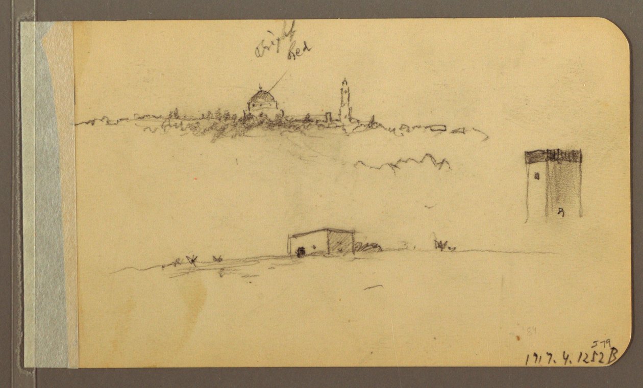 Tekening, Kerk, toren, huis; Verso: Bergketen, 1889 door Frederic Edwin Church