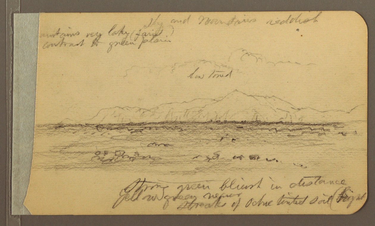 Tekening, Kerk, toren, huis; Verso: Bergketen, 1889 door Frederic Edwin Church