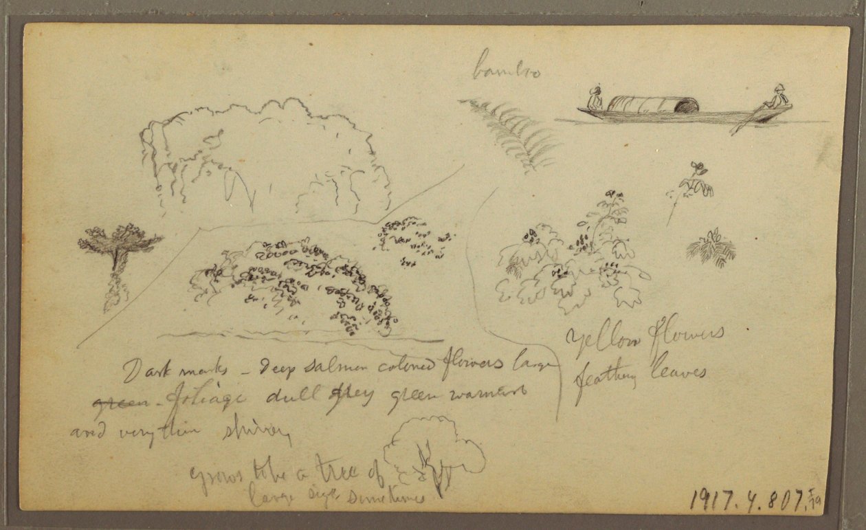 Tekening, Kerk, torens; Verso: Figuren in kano, Botanische schetsen, 1857 door Frederic Edwin Church