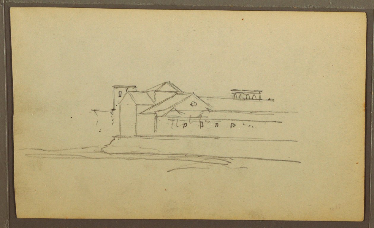 Tekening, Kerk, torens; Verso: Figuren in kano, Botanische schetsen, 1857 door Frederic Edwin Church