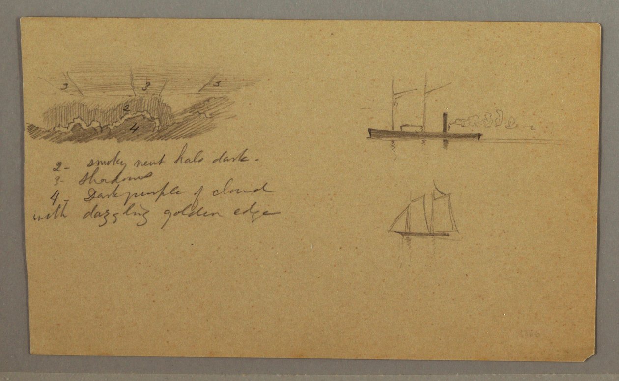 Tekening, Wolkenstudie, stoomschip, zeilboot, mogelijk 1865-66 door Frederic Edwin Church