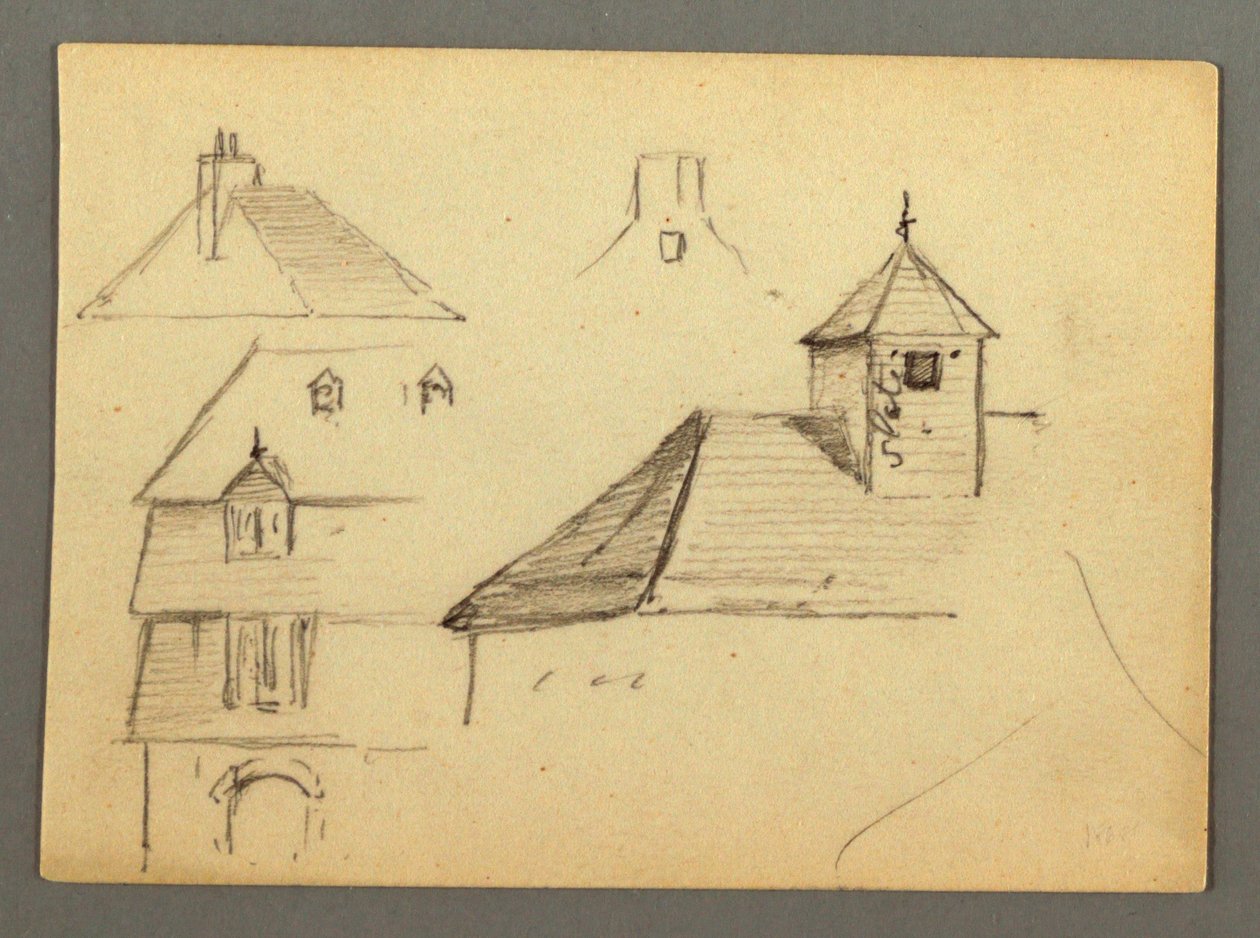 Tekening, hoek van herenhuis, daken, mogelijk 1868 door Frederic Edwin Church