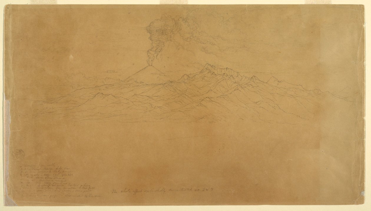 Tekening, Cotapaxi vulkaan uitbarstend achter bergketens, Ecuador, 1857 door Frederic Edwin Church