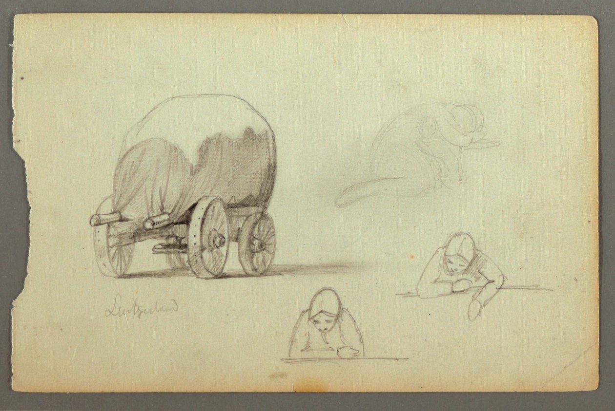 Tekening, Huifkar, Drie studies van een vrouw, mogelijk 1868 door Frederic Edwin Church