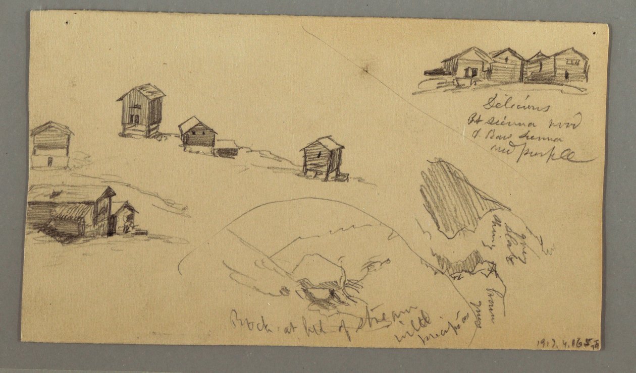 Tekening, Details van bergschuren, huizen en een rots, Berner Alpen, Zwitserland, 3 september 1868 door Frederic Edwin Church