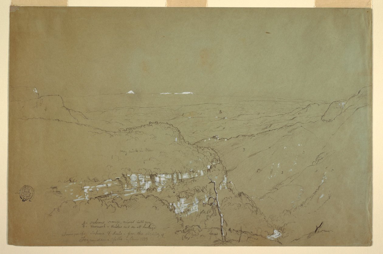 Tekening, Ver uitzicht op de vulkanen Tolima en Ruiz vanuit de omgeving van de Tequendama watervallen, Colombia, juni 1853 door Frederic Edwin Church