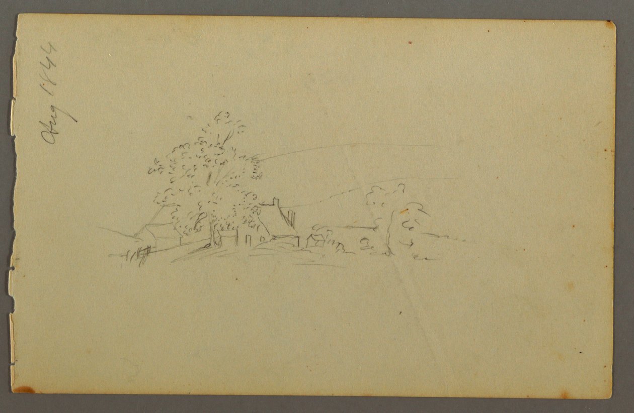 Tekening, Boerderijgebouwen in de verte, 1844 door Frederic Edwin Church