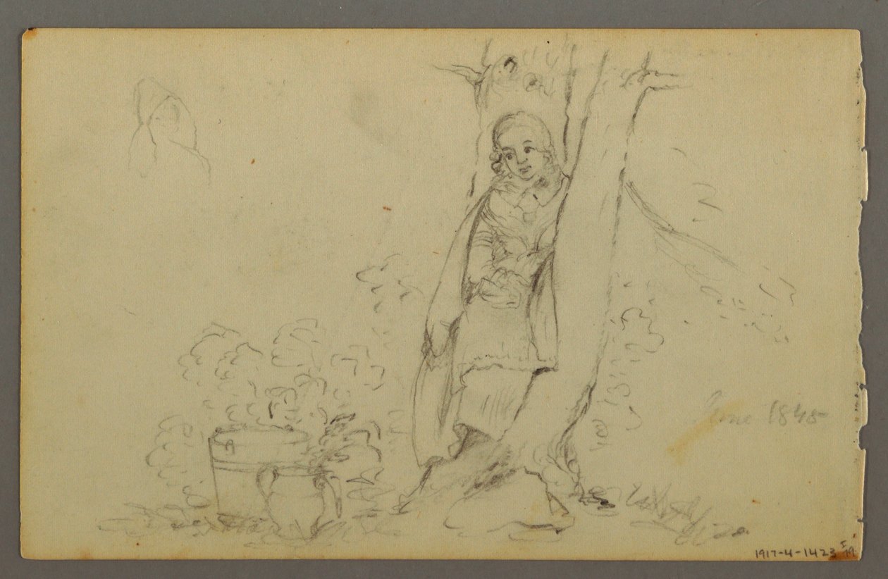 Tekening, Boerderijgebouwen in de verte, 1844 door Frederic Edwin Church