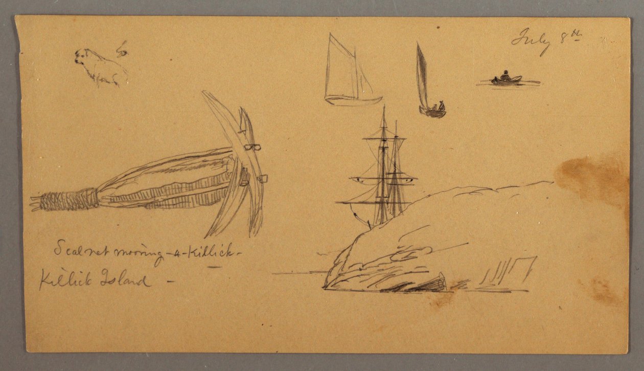Tekening, Hond, zeilbootstudies, anker, kliffen, mogelijk 8 juli 1859 door Frederic Edwin Church