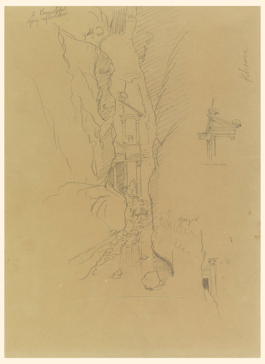 Tekening, El Khasneh van de Sik, Petra, eind februari 1868 door Frederic Edwin Church