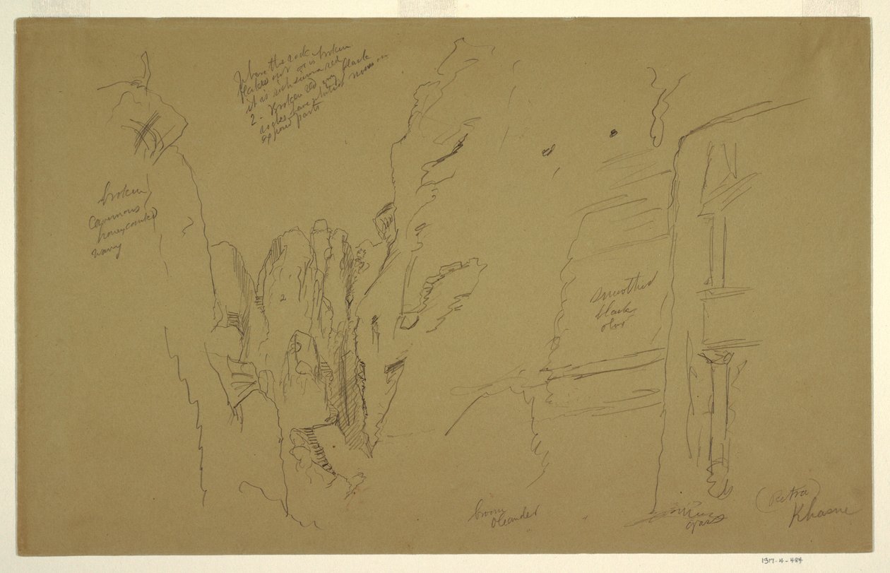 Tekening, El Khasnesh, Petra Jordanië, 26 februari 1868 door Frederic Edwin Church