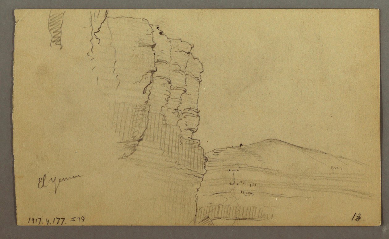 Tekening, El Yemen-vallei, Arabië: Rotsmuur met het bovenste deel dat lijkt op een rij zuilen, 20 februari 1868 door Frederic Edwin Church