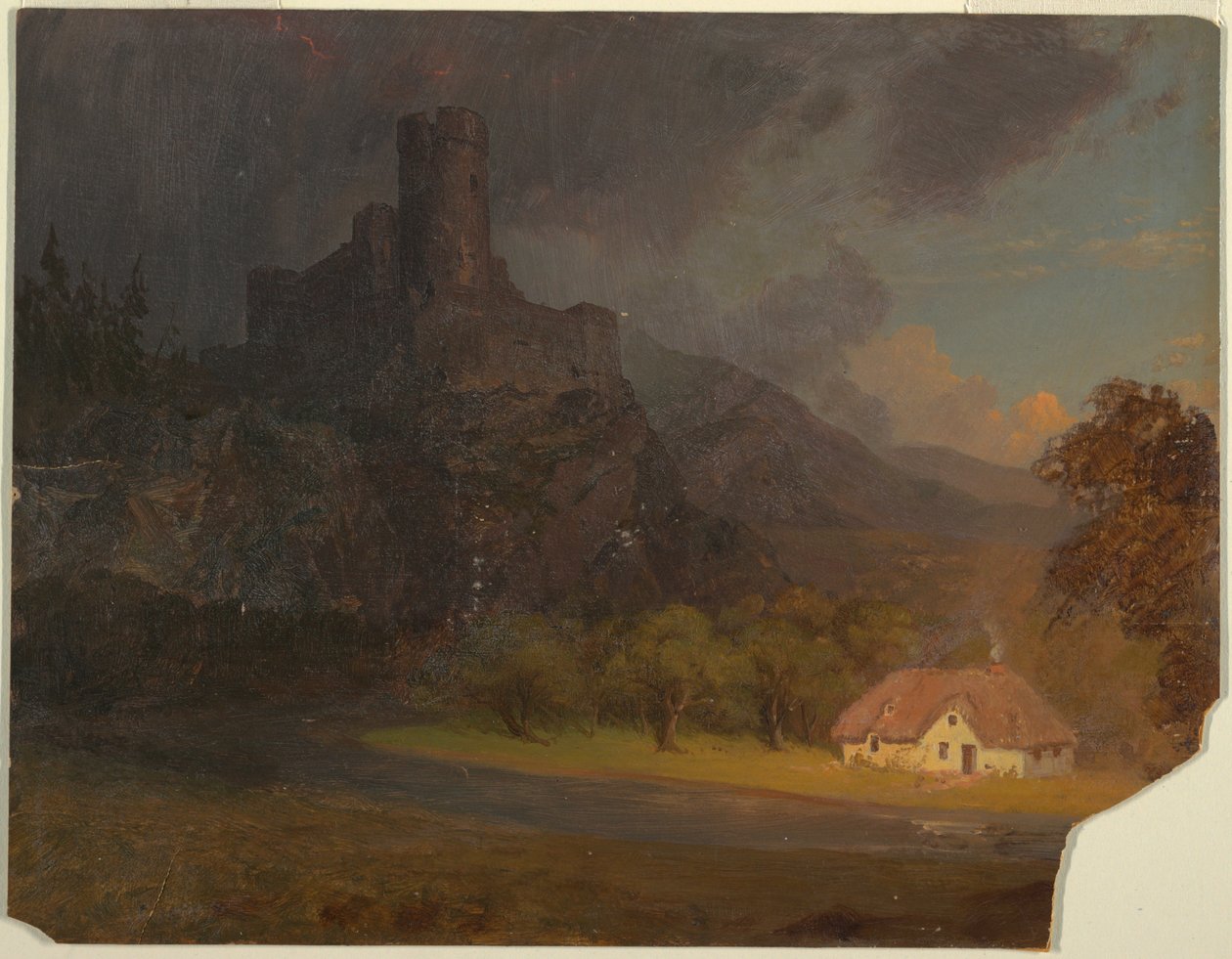 Tekening, Engels kasteel en huisje, ca. 1844 door Frederic Edwin Church