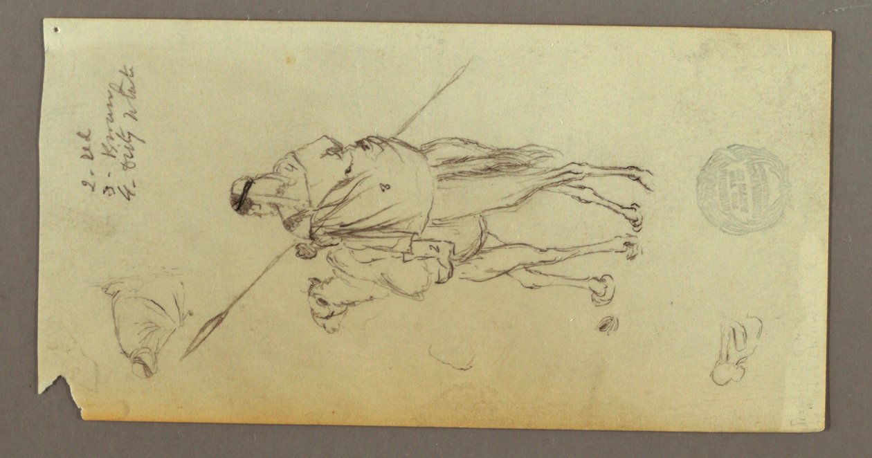 Tekening, Figuur berijdt een kameel, draagt een speer, twee figuurstudies, mogelijk 1868 door Frederic Edwin Church