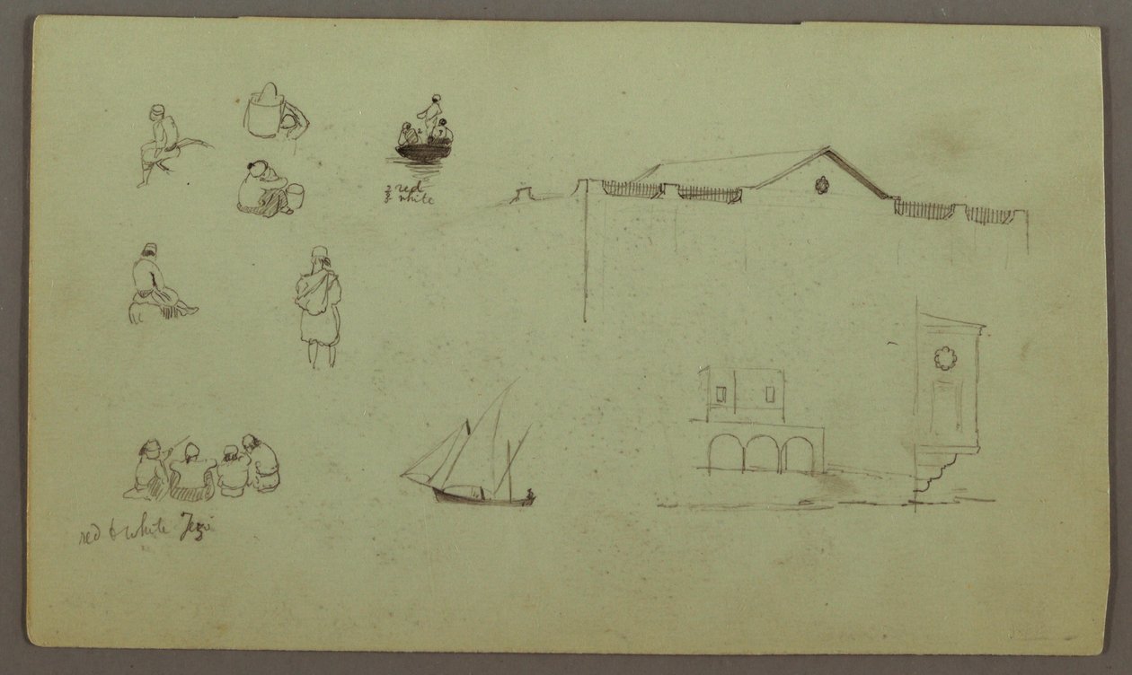 Tekening, Figuurstudies, Zeilboot, Architectuurstudies, mogelijk 1868 door Frederic Edwin Church