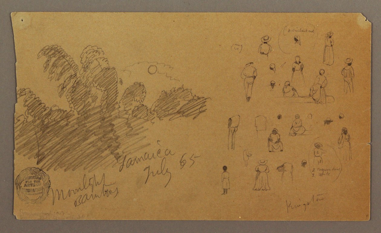 Tekening, figuren, bamboe bij maanlicht, juli 1865 door Frederic Edwin Church