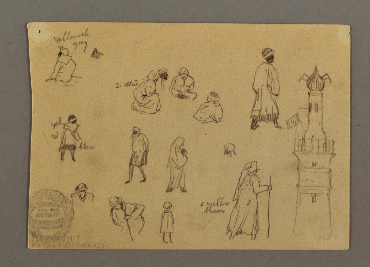 Tekening, figuren en een signaaltoren, Egypte, mogelijk 1868 door Frederic Edwin Church