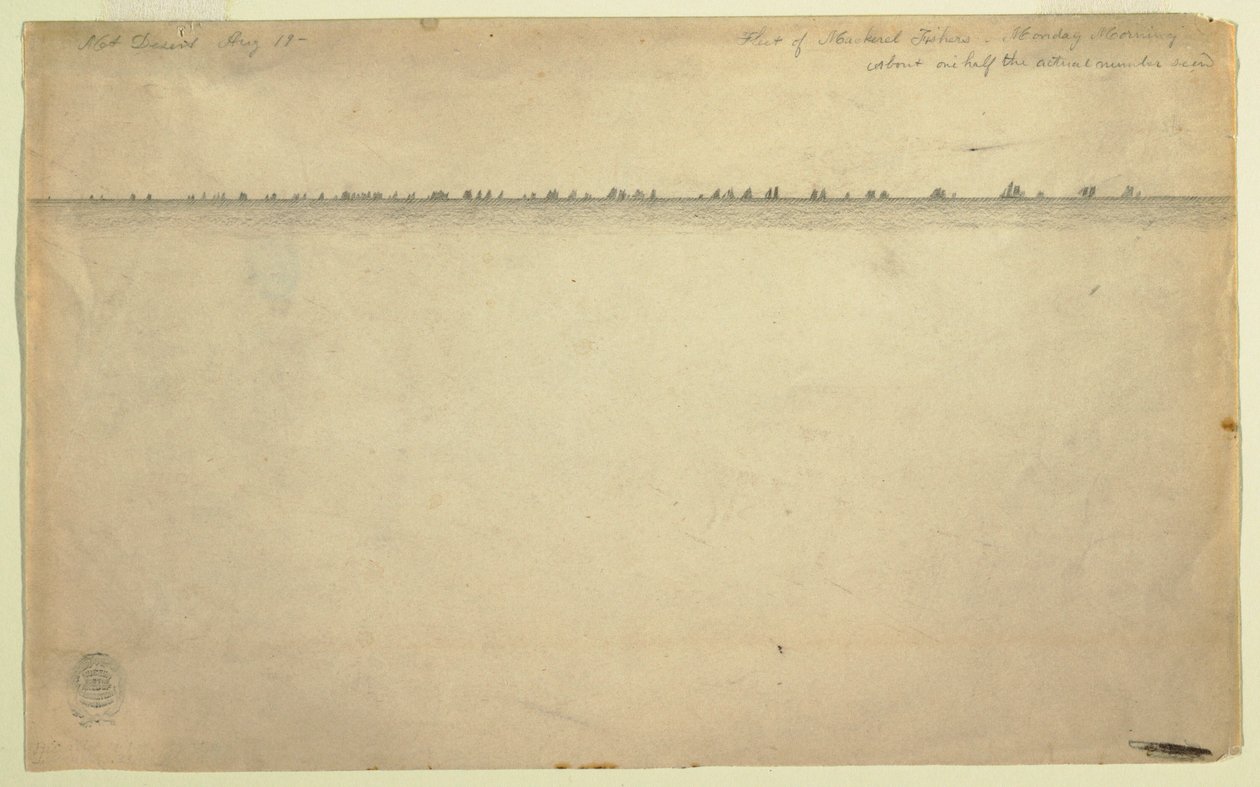 Tekening, Vloot makreelvissers, Mount Desert, Maine, 19 augustus 1850 door Frederic Edwin Church