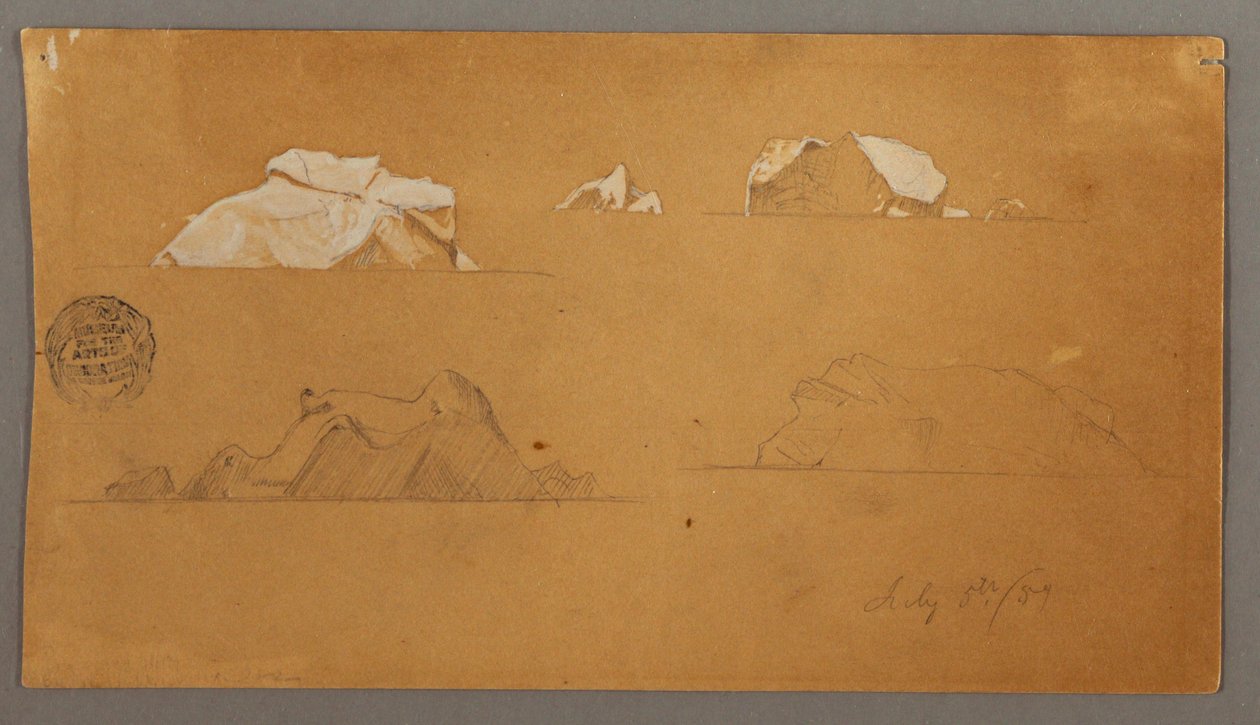 Tekening, Drijvende ijsbergen, 5 juli 1859 door Frederic Edwin Church