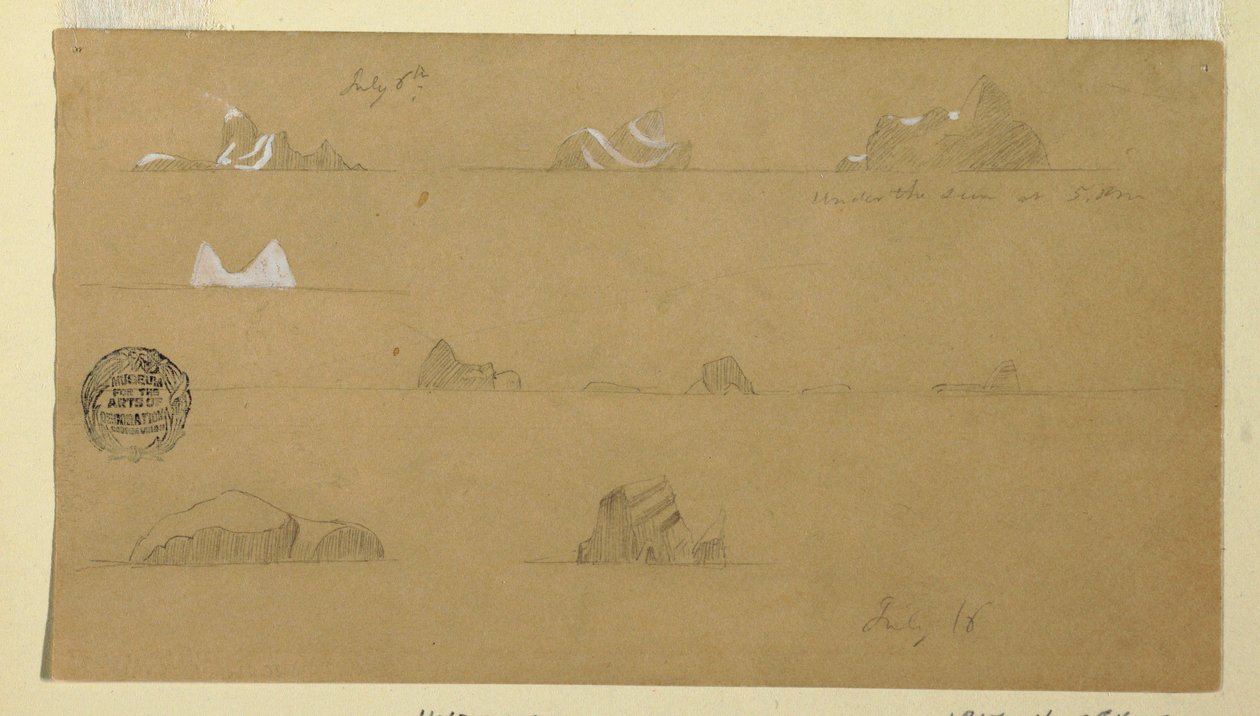 Tekening, Drijvende ijsbergen, 6 en 16 juli 1859 door Frederic Edwin Church
