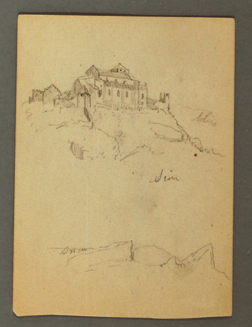 Tekening, Vestingwerk van kliftoppen, Sion, Rhônedal, mogelijk 1868 door Frederic Edwin Church