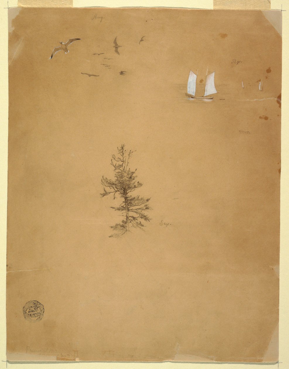 Tekening, Meeuwen, Zeilboten, Boom, augustus en september 1859 door Frederic Edwin Church