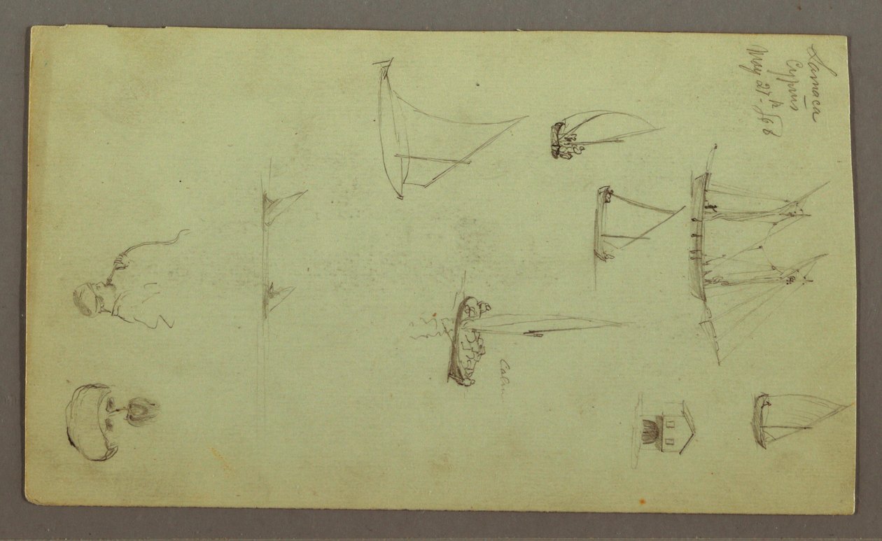 Tekening, Hoofd van een man, Rokende man, Zeilbootstudies, Huis, 27 mei 1868 door Frederic Edwin Church