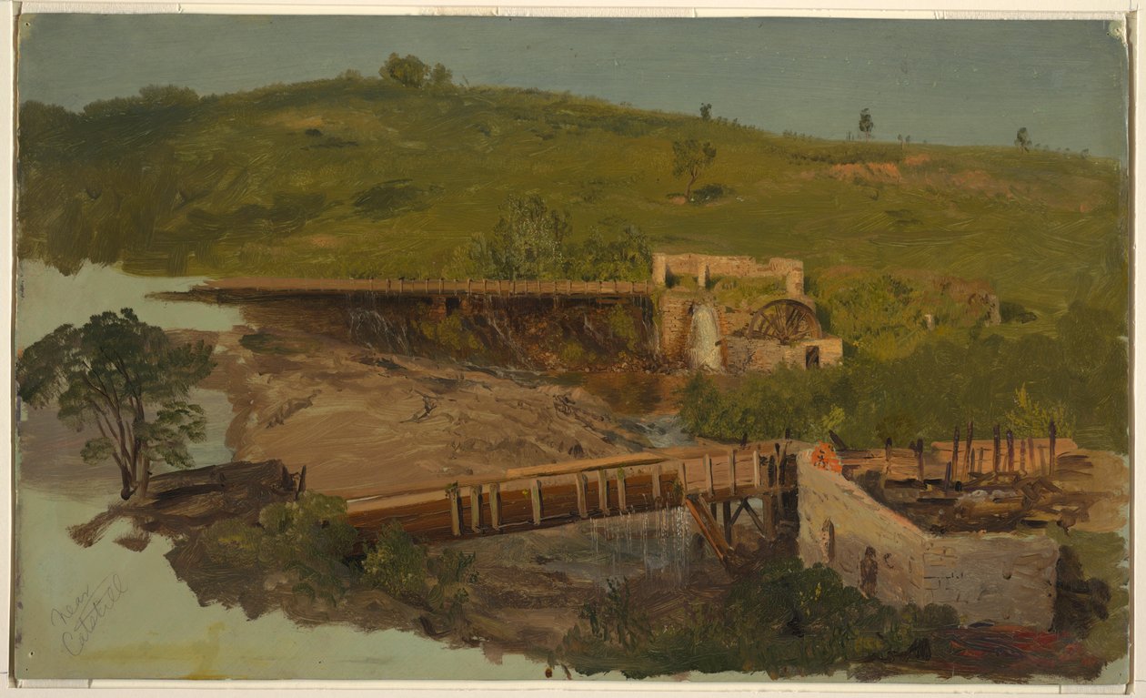 Tekening, Heuvel met viaducten en verwoeste molens, bij Catskill, New York, ca. 1865 door Frederic Edwin Church