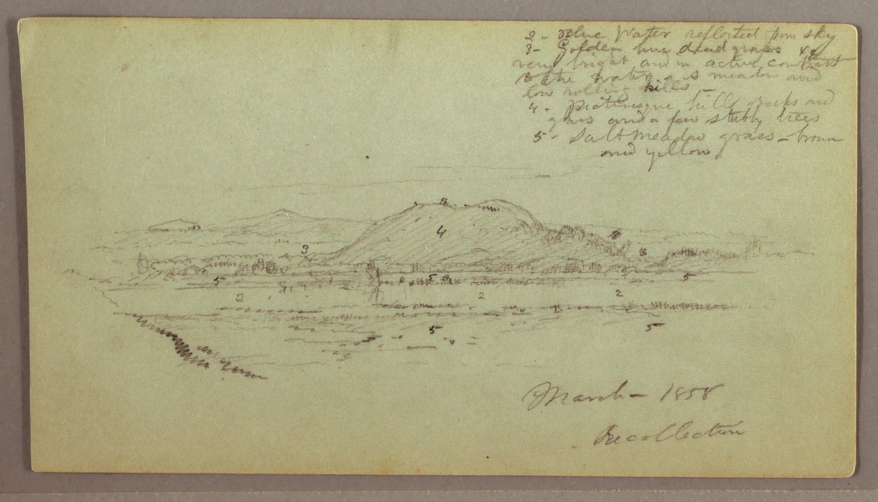 Tekening, Heuvels, Rivier, maart 1858 door Frederic Edwin Church