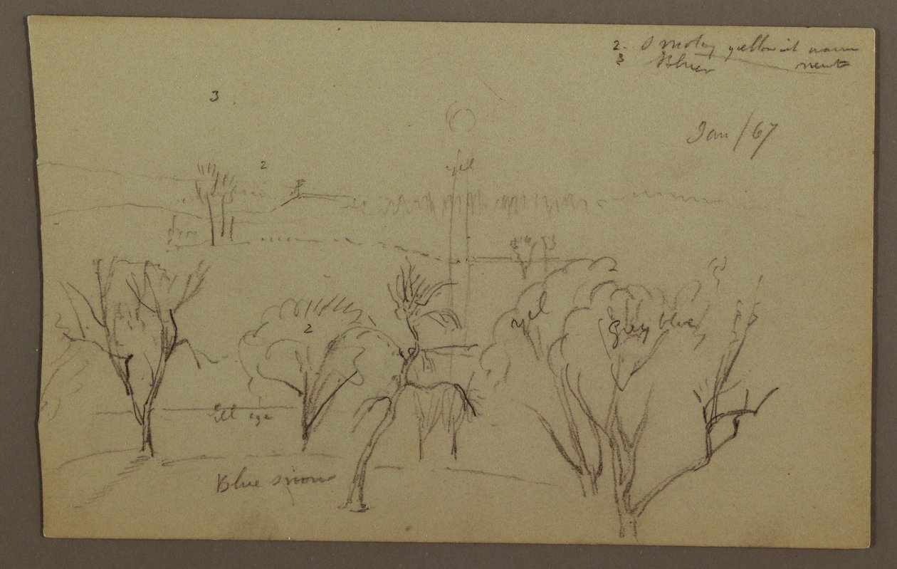 Tekening, Heuvels, Bomen, Laagstaande zon, 1867 door Frederic Edwin Church