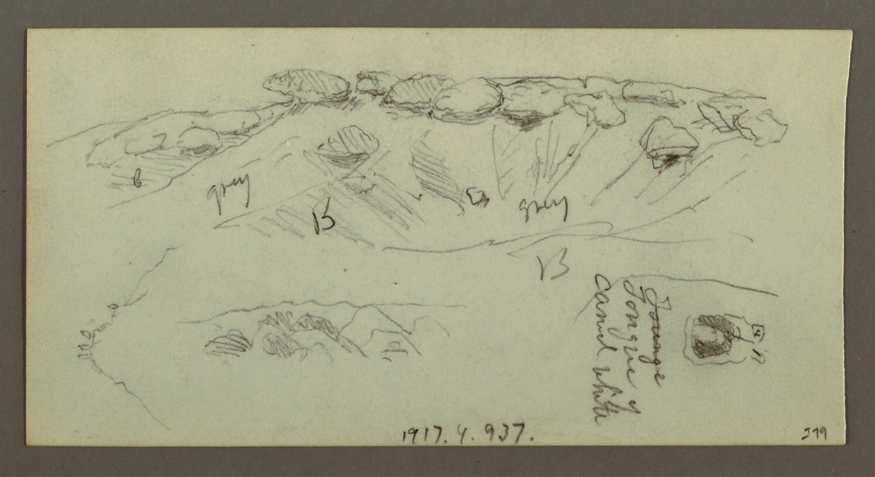Tekening, Heuveltoppen met keien, mogelijk 1868 door Frederic Edwin Church