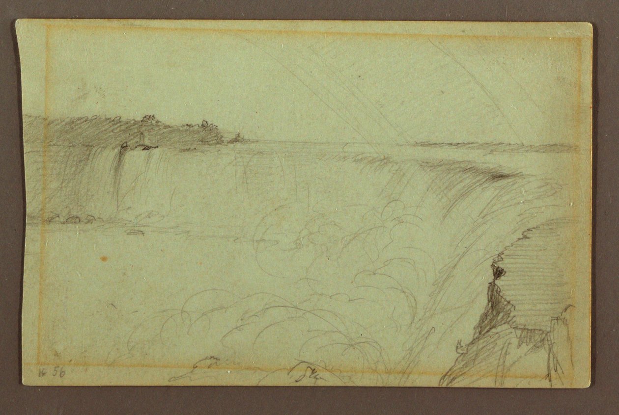 Tekening, Horseshoe Falls met een dubbele regenboog, Niagara River, Canada, 1856 door Frederic Edwin Church
