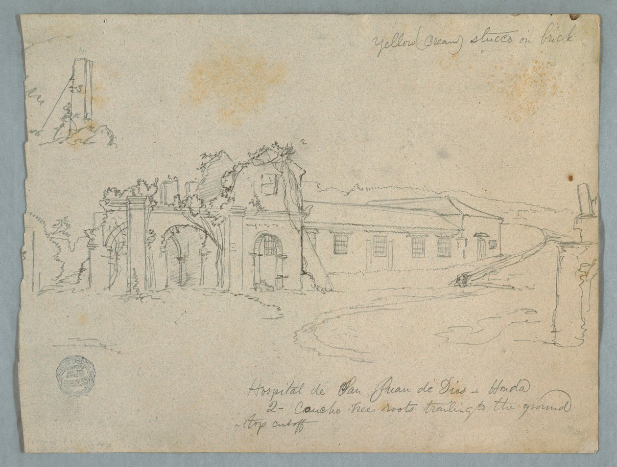 Tekening, Hospital de San Juan de Dios, Honda, Colombia, 1853 door Frederic Edwin Church
