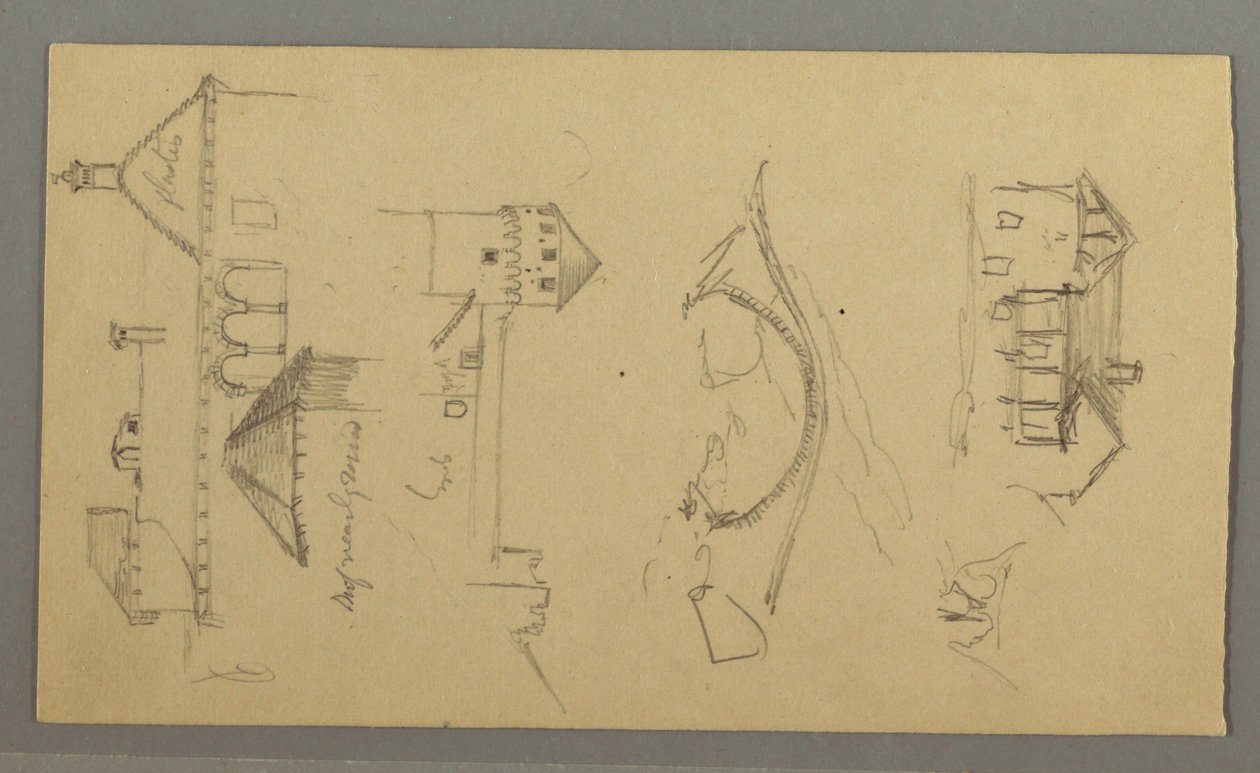 Tekening, Huis, Brug, Kasteel, Daken, augustus 1868 door Frederic Edwin Church