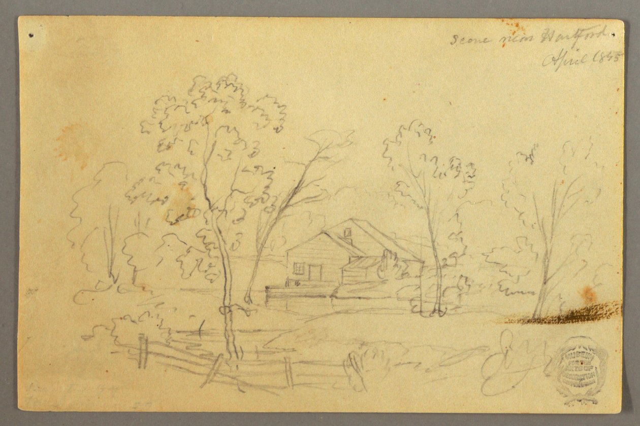 Tekening, Huis in het bos bij een beek, april 1845 door Frederic Edwin Church
