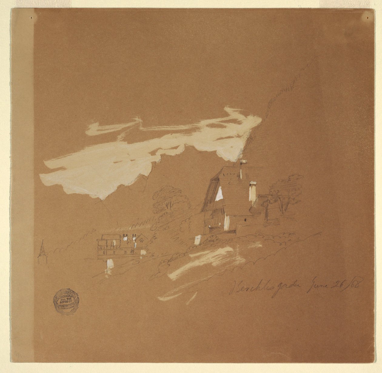 Tekening, Huizen bij Berchtesgaden, Beieren, 26 juli 1868 door Frederic Edwin Church