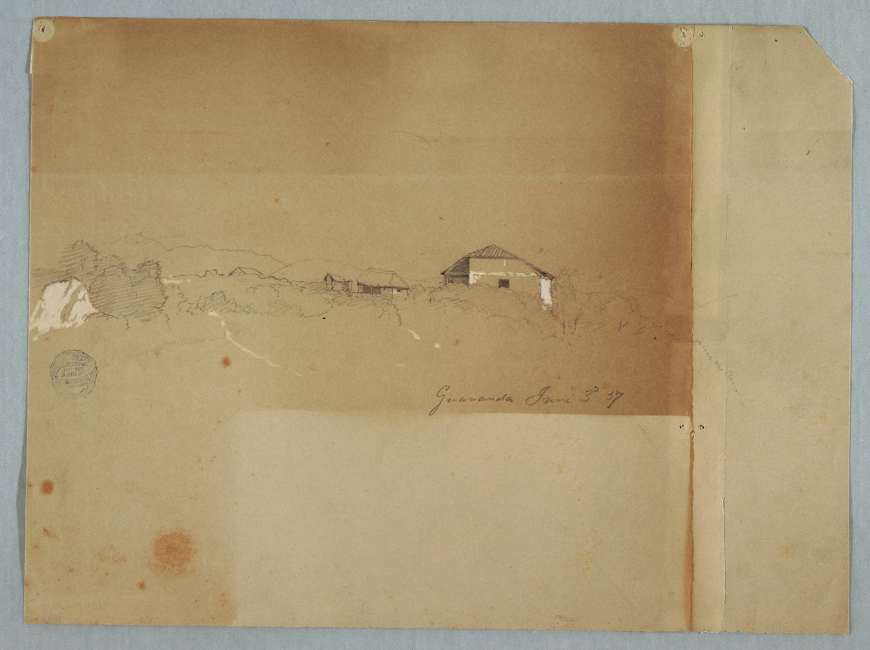 Tekening, Huizen bij een waterval in de bergen, Guaranda, Ecuador, 3 juni 1857 door Frederic Edwin Church