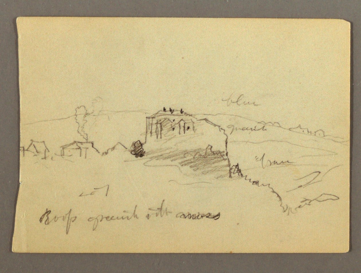 Tekening, Huizen op heuveltop, mogelijk 1868-69 door Frederic Edwin Church