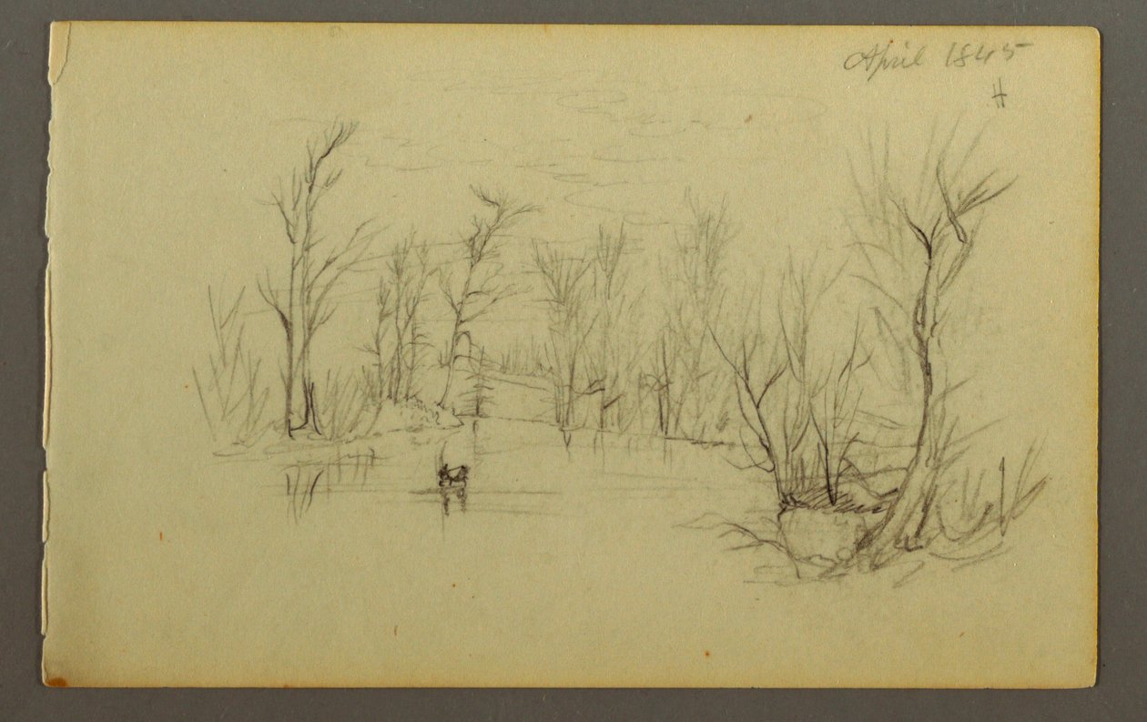 Tekening, Htakie () vijver, twee mensen in kano, 1845 door Frederic Edwin Church