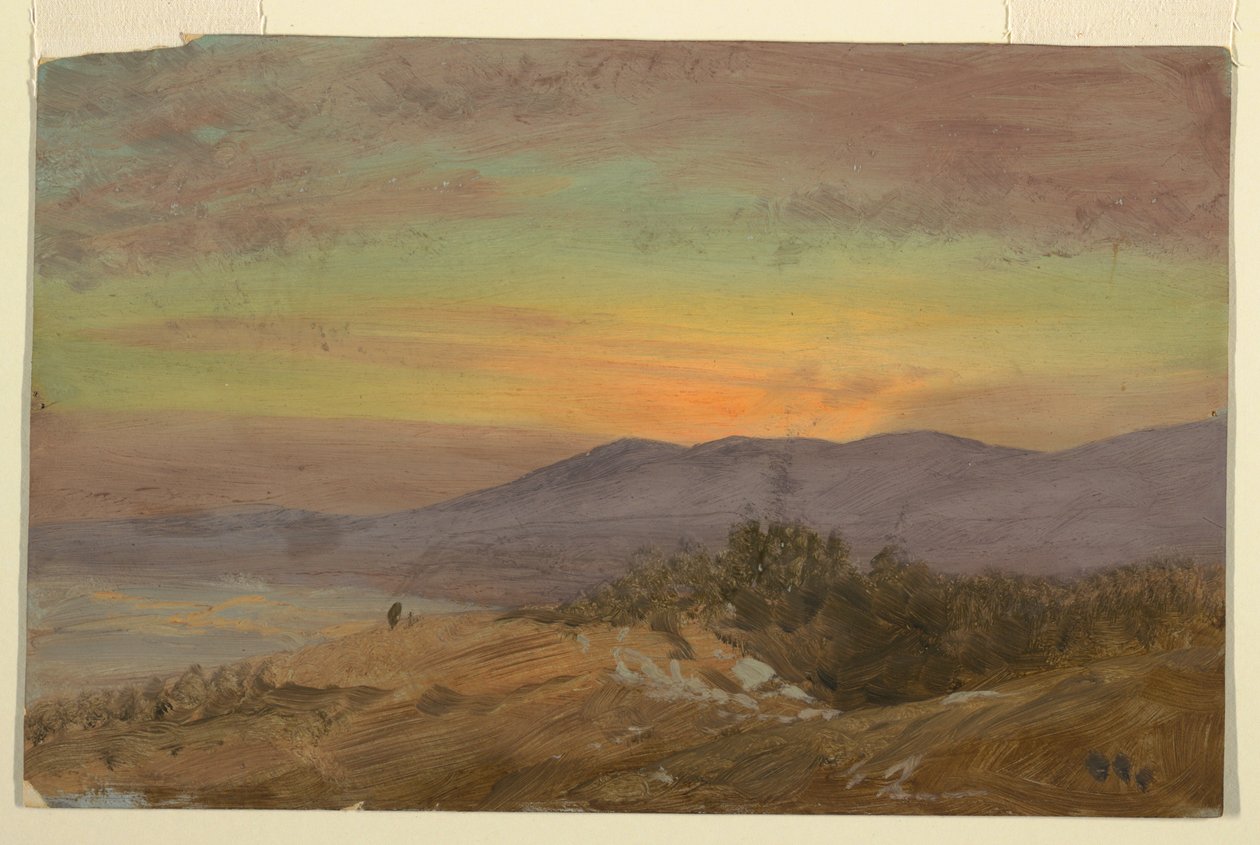Tekening, Hudson-vallei, zonsondergang, 1869-70 door Frederic Edwin Church