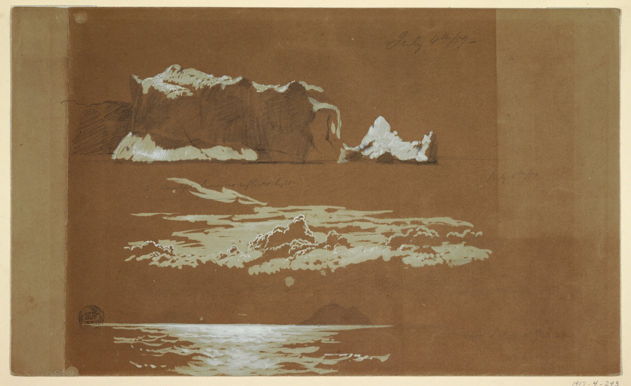 Tekening, IJsbergen bij Cape St. John en Gull Island, Newfoundland, 4 juli 1859 door Frederic Edwin Church
