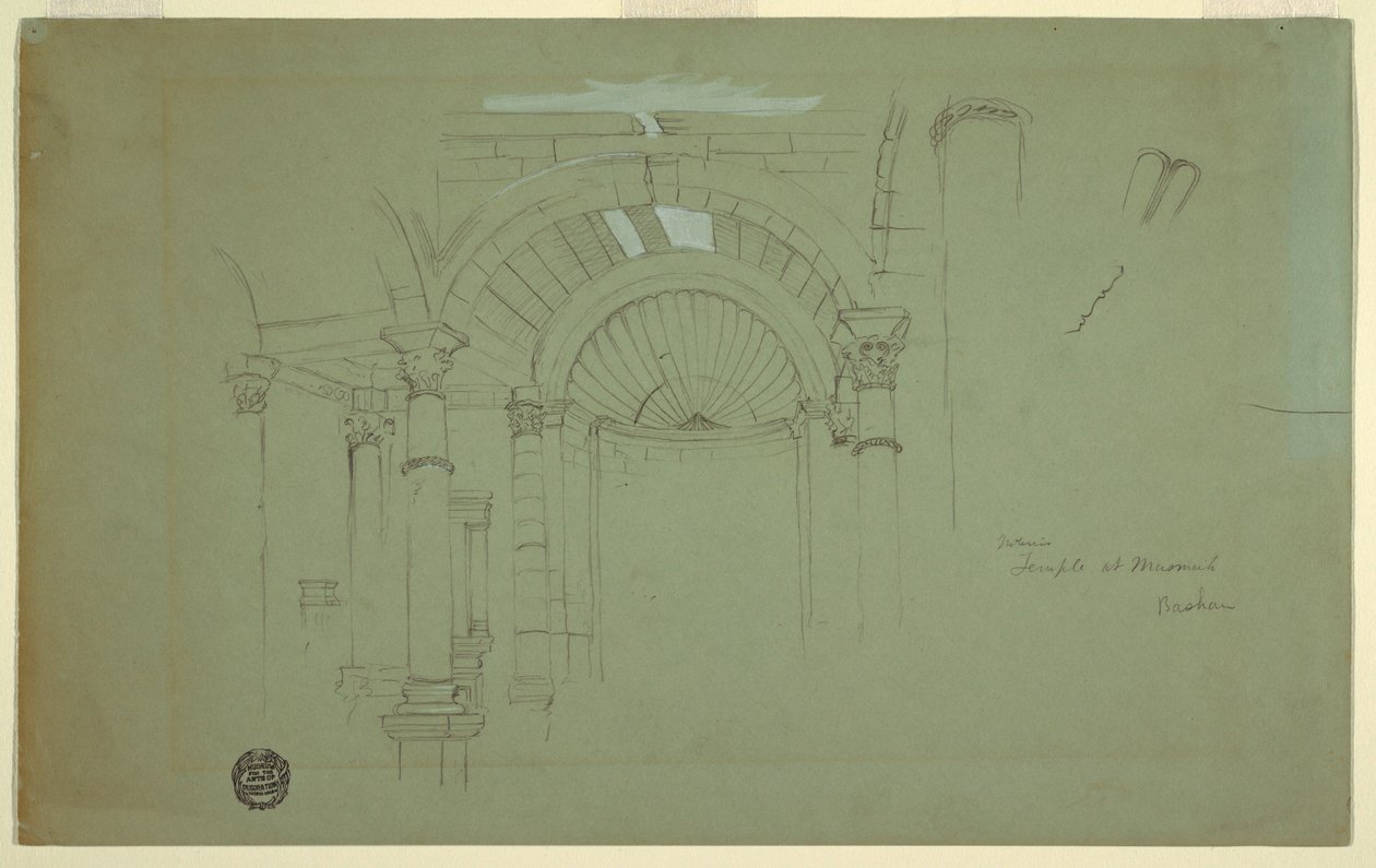 Tekening, Interieur, Tempel in Mismiyeh, Syrië, 28 april 1868 door Frederic Edwin Church