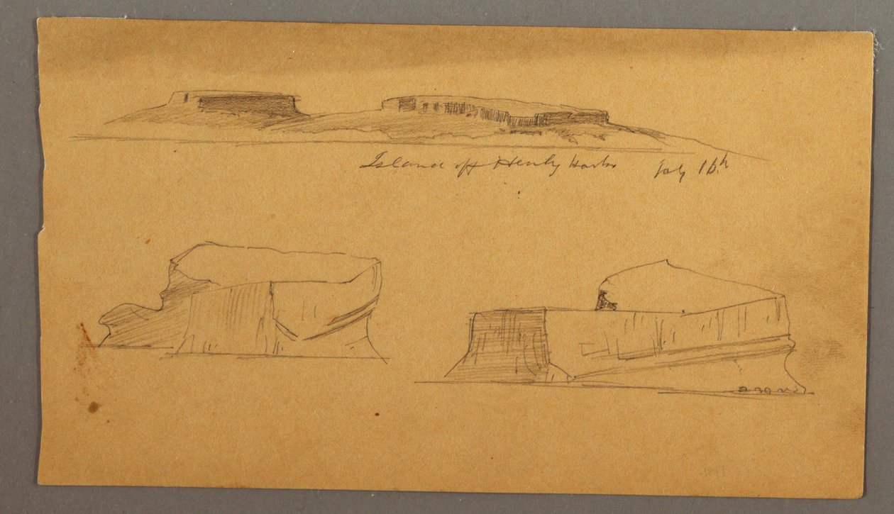 Tekening, Eiland voor de haven van Henly en twee drijvende ijsbergen, 16 juli 1859 door Frederic Edwin Church