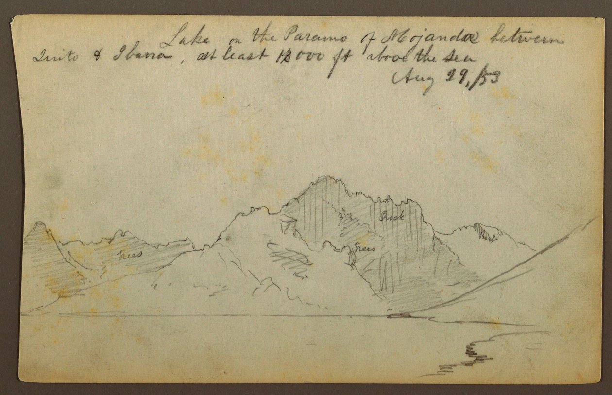 Tekening, Meer, Mojanda-woestijn, Ecuador, 29 augustus 1853 door Frederic Edwin Church
