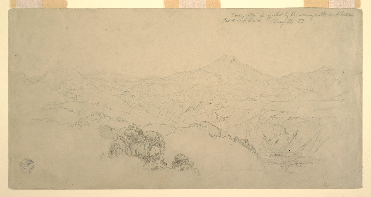 Tekening, Landschappelijke compositie: Gesuggereerd door het landschap op de weg tussen Paso, Colombia en Quito, Ecuador, 26 augustus 1853 door Frederic Edwin Church