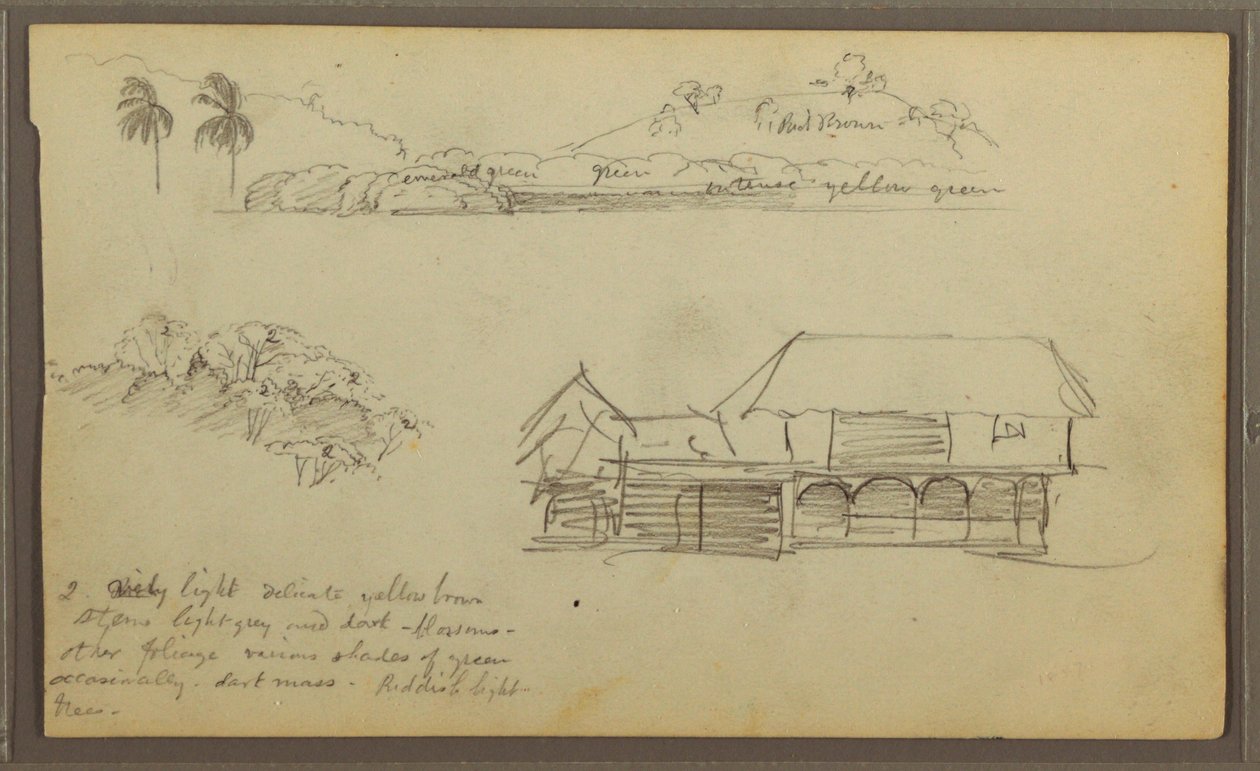 Tekening, Landschap, Boomtoppen, huis, 1857 door Frederic Edwin Church
