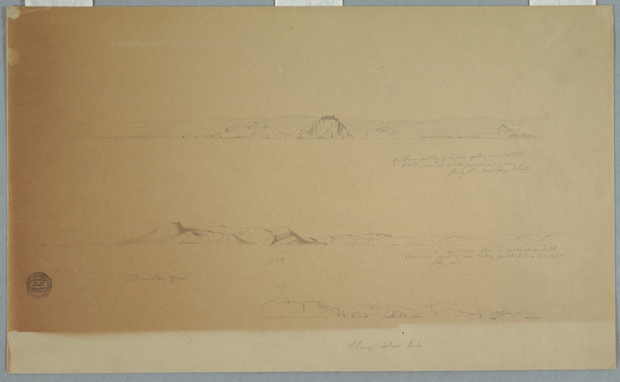 Tekening, Landschap bij Fogo eiland, Brimstone, Head, Change Island Rocks, 2 juli 1869 door Frederic Edwin Church